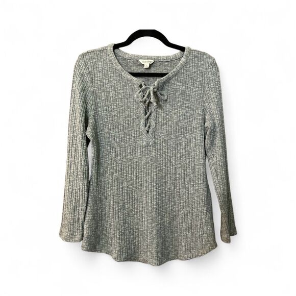 Lucky Brand ribbed knit lace up long sleeve pullover top - Picture 2 of 9